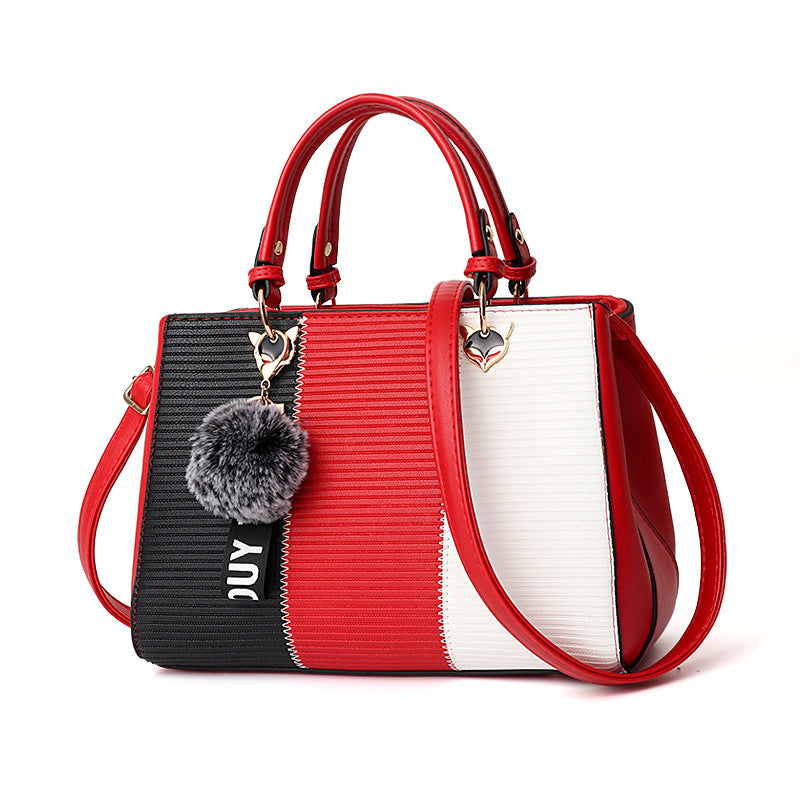 Women’s Patchwork Handbag with Hairball Ornament – Elegant Tote & Crossbody Shoulder Bag for Parties LONDYN UPBRINGING