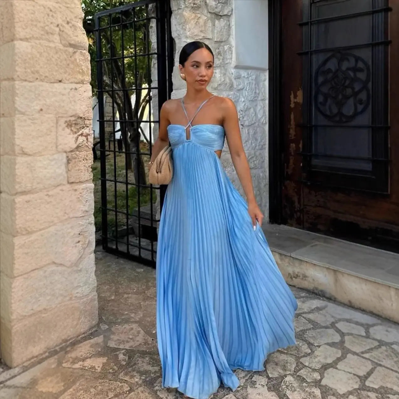 Halter Neck Pleated Midi Dress - Sleeveless Hollow-Out Evening & Club Wear LONDYN UPBRINGING
