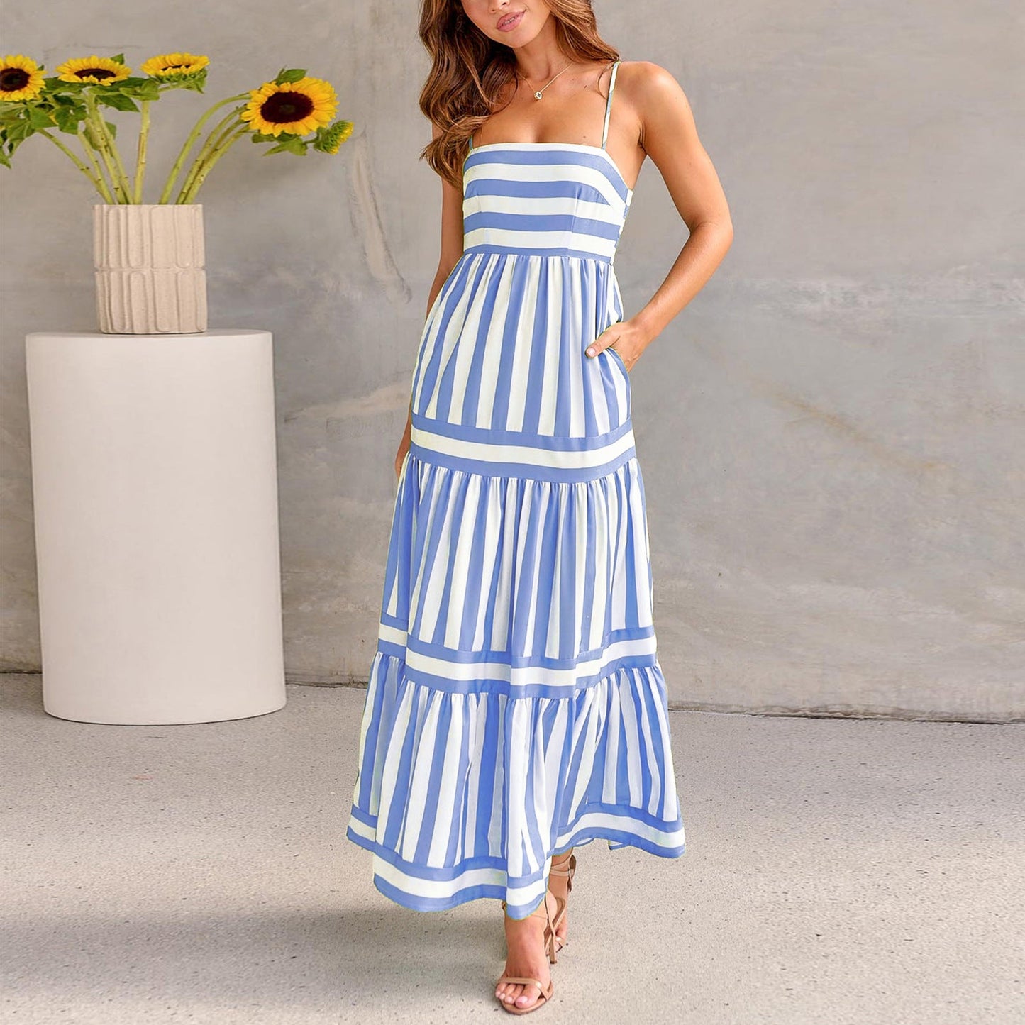 Striped Maxi Beach Dress - Square Neck Backless Suspender Dress w/ Pockets LONDYN UPBRINGING