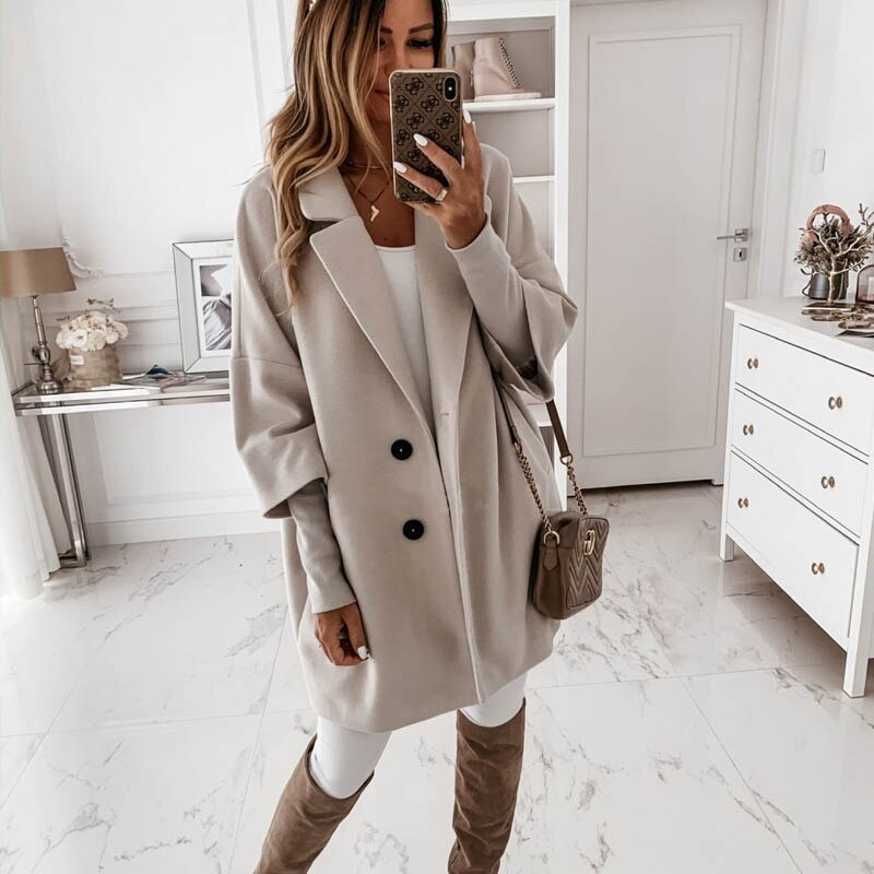 Plus Size Women's Long Wool Coat 2XL - Elegant Khaki Vintage Winter Jacket LONDYN UPBRINGING