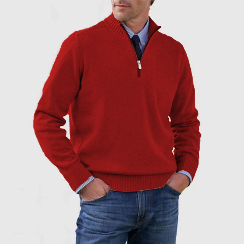 Classic Men's Knit Quarter-Zip Sweater - Solid Color Long Sleeve Stand Collar Top for Winter LONDYN UPBRINGING