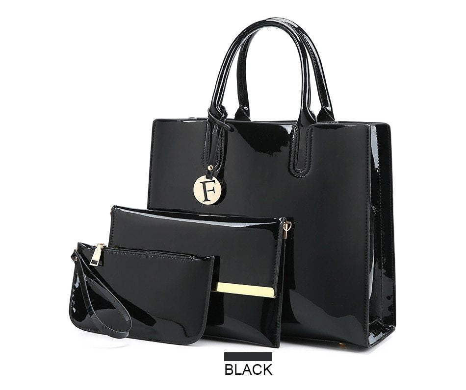3-Piece Shiny Leather Handbag Set for Women – Stylish Tote, Shoulder & Crossbody Bags LONDYN UPBRINGING