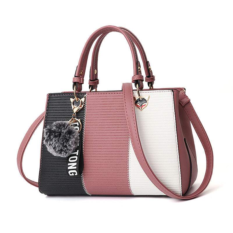 Women’s Patchwork Handbag with Hairball Ornament – Elegant Tote & Crossbody Shoulder Bag for Parties LONDYN UPBRINGING