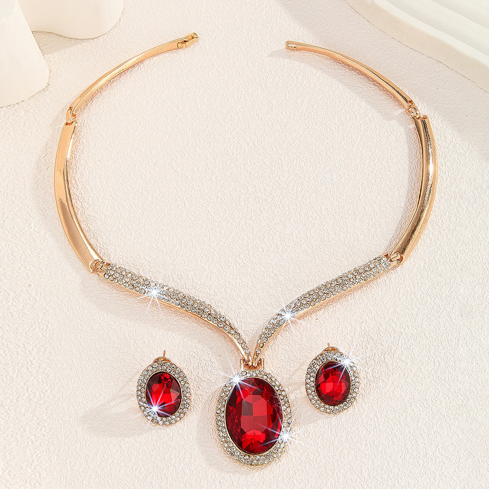 Ruby Red Crystal & Gold Rhinestone Necklace and Earrings Bridal Set LONDYN UPBRINGING