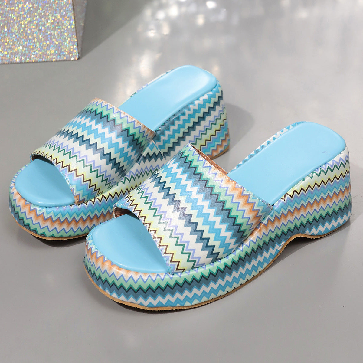 Women's Colorful Wave Print Wedge Sandals: Summer Platform Thick Bottom Slip-On Heels LONDYN UPBRINGING