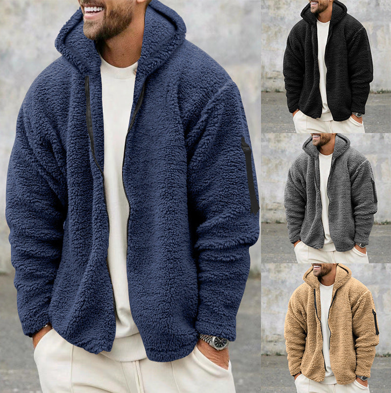 Men’s Plush Fleece Hooded Jacket – Double-Sided Warm Zipper Coat for Autumn & Winter Outdoor Casual Wear LONDYN UPBRINGING