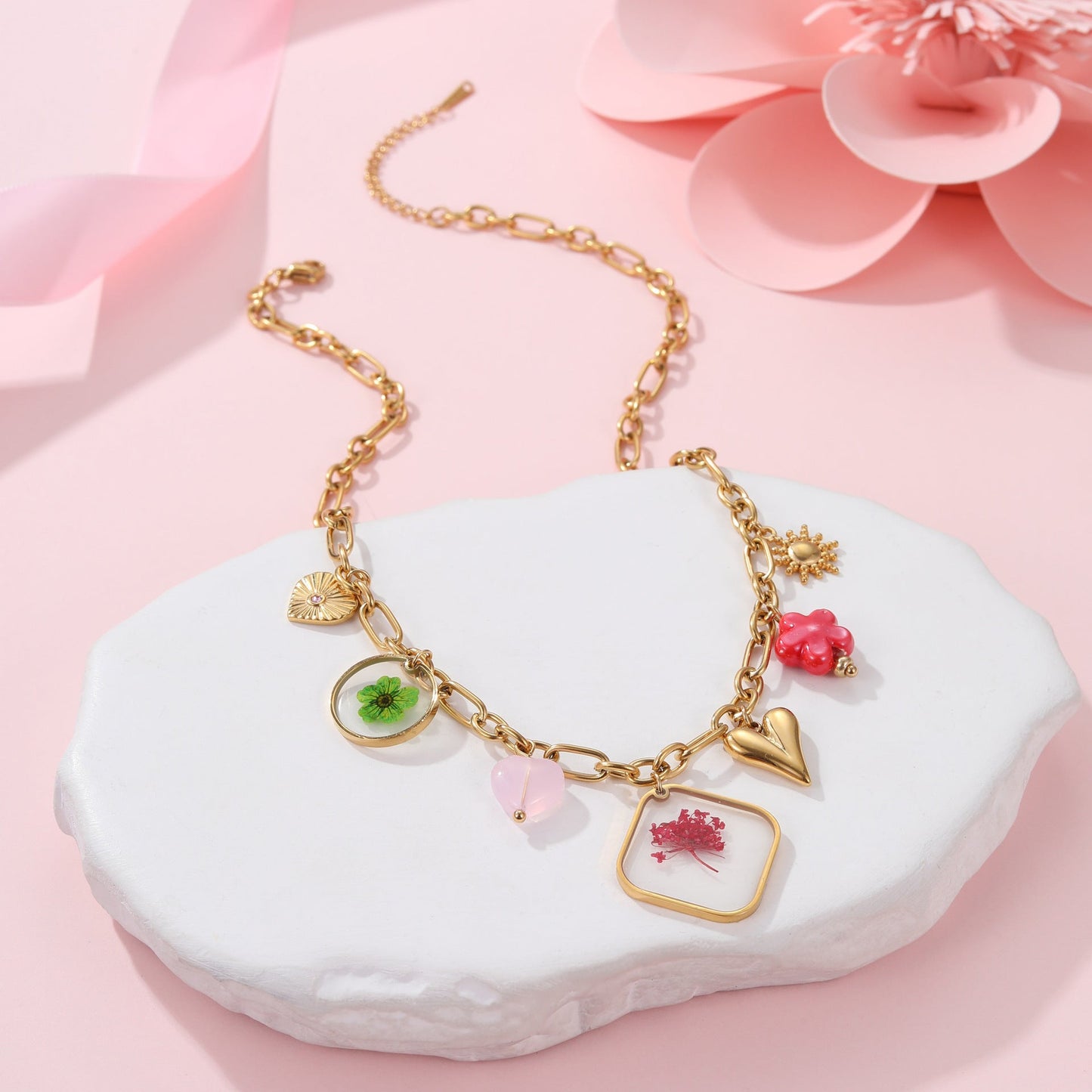 Tarnish-Free Stainless Steel Epoxy Flower Pendant Necklace | European Fashion Resin Floral Jewelry LONDYN UPBRINGING
