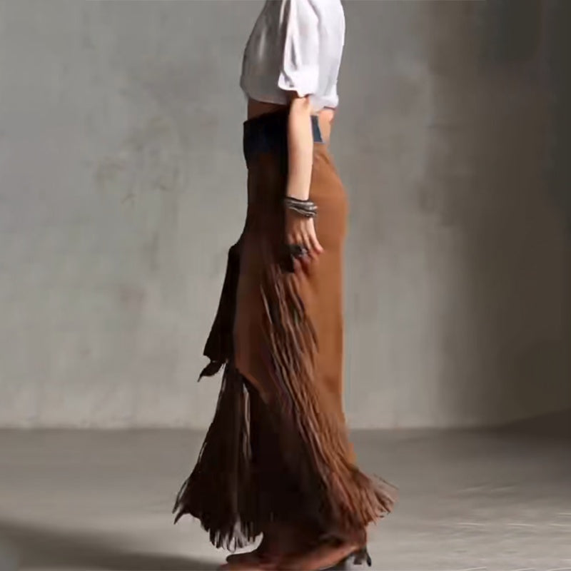 Bohemian Maxi Skirt with Fringe Hem | Women's High Slit Patchwork Western Skirt LONDYN UPBRINGING