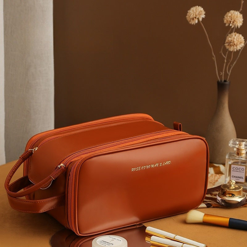 Three-Layer PU Leather Cosmetic Bag – Double Zipper U-Shaped Makeup Organizer for Travel & Skincare Storage LONDYN UPBRINGING