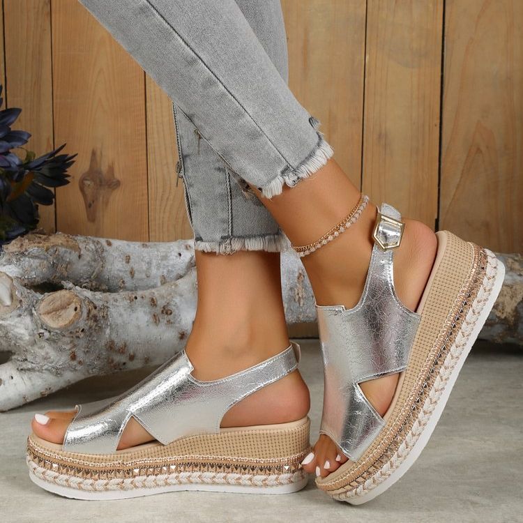 Shiny Buckle Wedge Sandals | Women's Hollow Design Fish Mouth Wedges LONDYN UPBRINGING