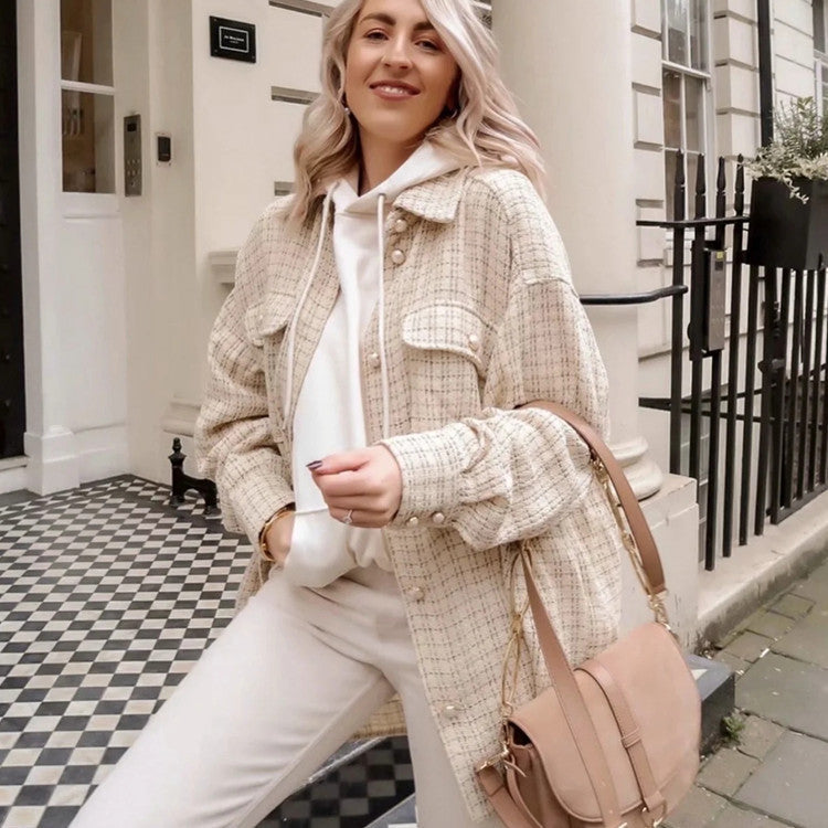 Women's Elegant Plaid Pattern Thick Coat - Pearl Button Autumn/Winter Jacket LONDYN UPBRINGING