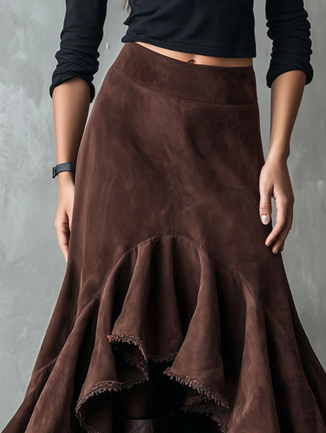 Western-Style Eco Suede High-Low Maxi Skirt - Brown, Ruffle Tiered, Boho Chic LONDYN UPBRINGING