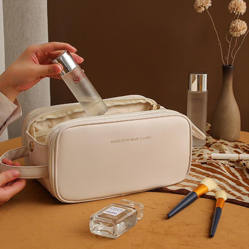 Three-Layer PU Leather Cosmetic Bag – Double Zipper U-Shaped Makeup Organizer for Travel & Skincare Storage LONDYN UPBRINGING