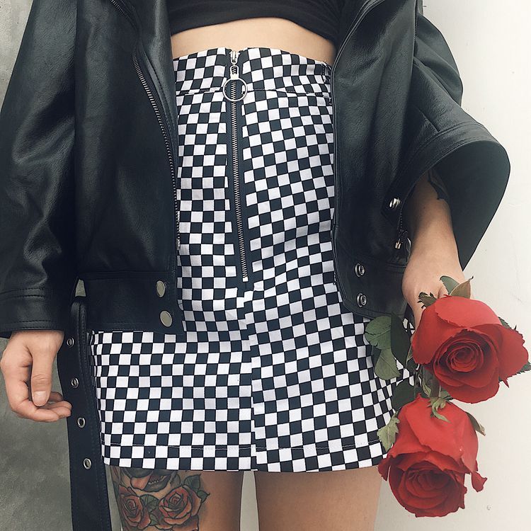 Women's Mini Skirt Black & White Checkered Skirt (Square/Dot Print) LONDYN UPBRINGING