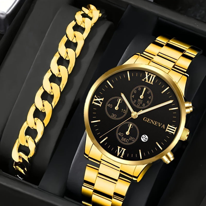 2PCS Men’s Quartz Watch & Bracelet Set – Steel Strip Fashion Business Watches, Perfect Valentine’s Gift LONDYN UPBRINGING