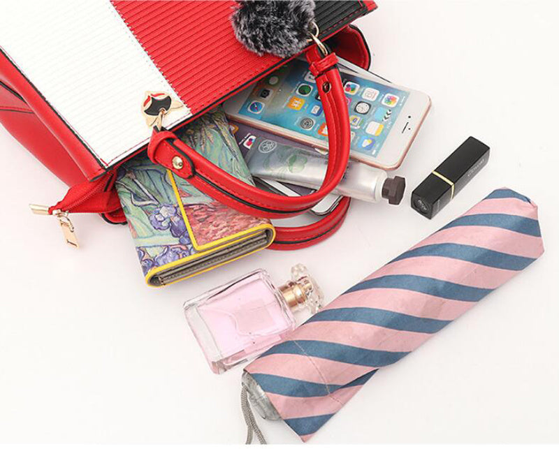 Women’s Patchwork Handbag with Hairball Ornament – Elegant Tote & Crossbody Shoulder Bag for Parties LONDYN UPBRINGING