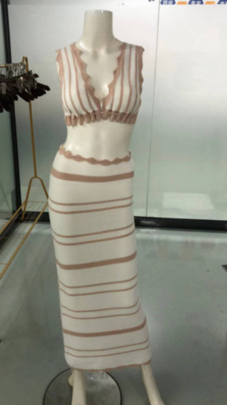 2pcs Striped Bikini Casual Vest Sling Top Suit Beach Summer Y2K Long Dress Suits For Women LONDYN UPBRINGING