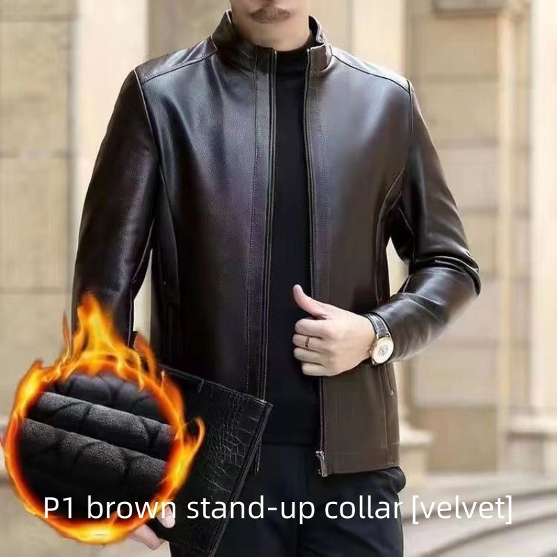Men’s Leather Jacket – Fleece-Lined Stand Collar Coat for Middle-Aged Style & Winter Warmth LONDYN UPBRINGING