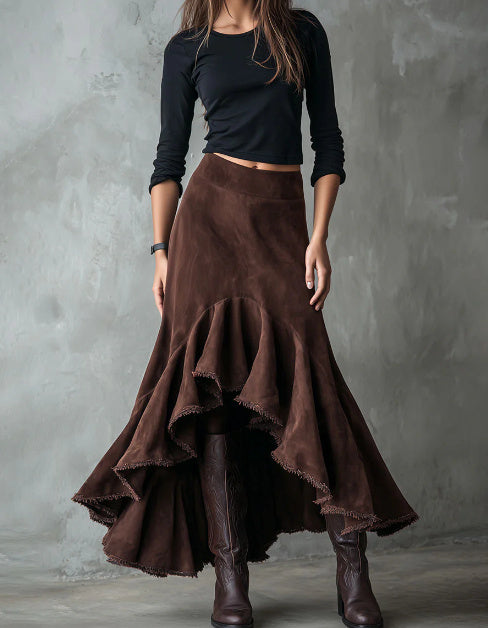 Western-Style Eco Suede High-Low Maxi Skirt - Brown, Ruffle Tiered, Boho Chic LONDYN UPBRINGING