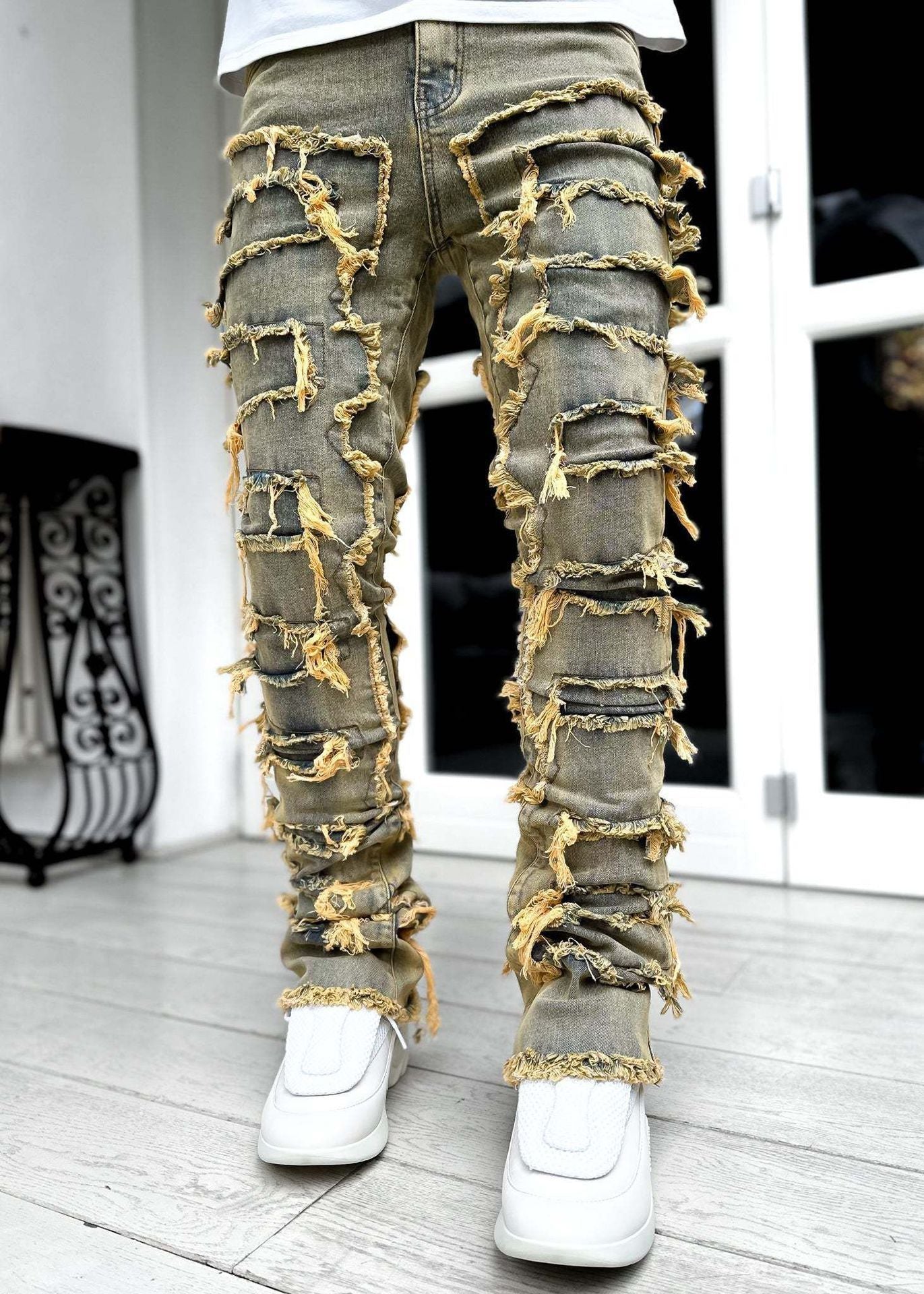 Men’s Patched Stacked Jeans – Long Tight-Fit Fashion Trousers for Trendy Streetwear Style LONDYN UPBRINGING