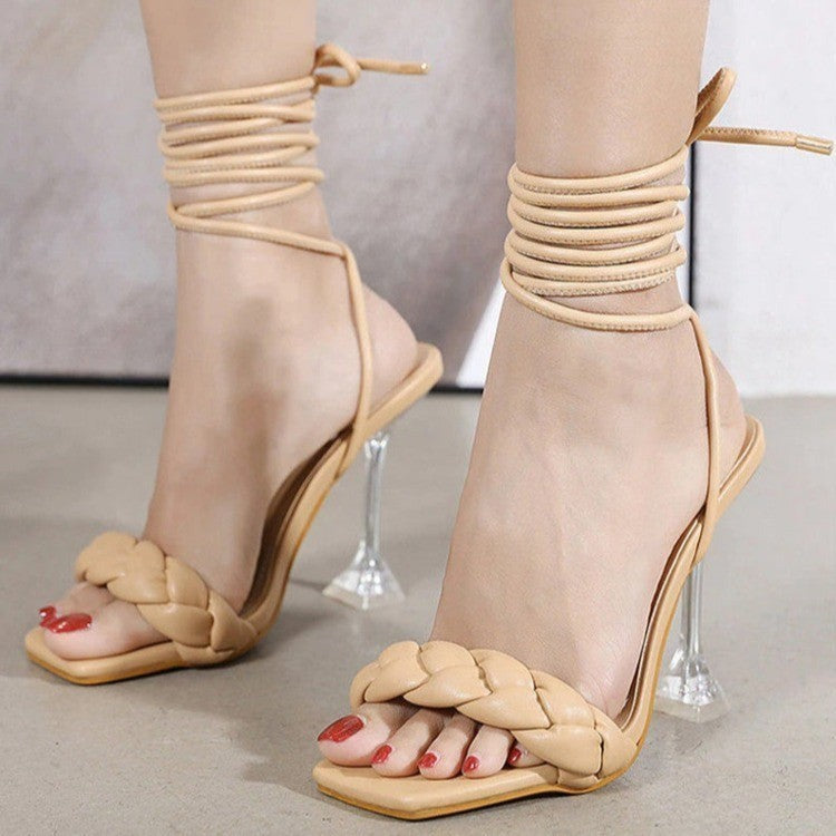 Women's Weave Strappy Square Toe Stiletto Heels: Woven Texture Party Pumps LONDYN UPBRINGING