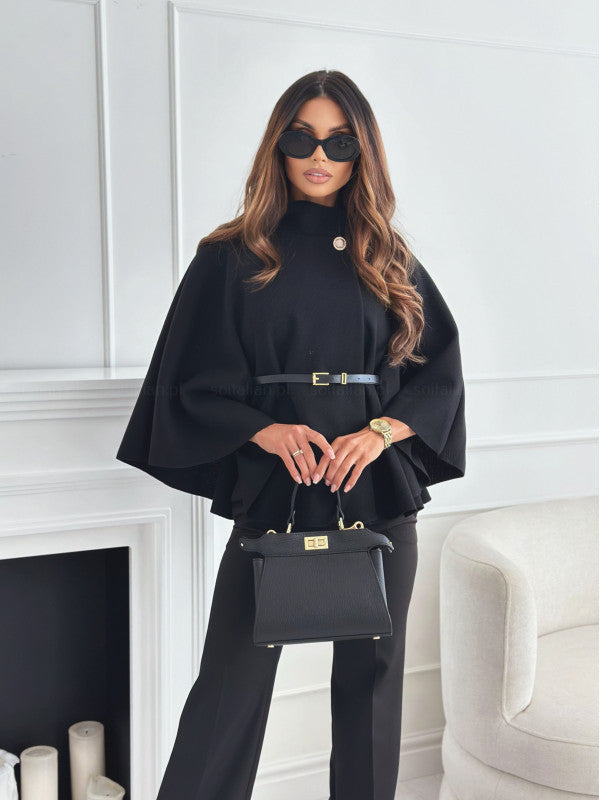 Women's Wool-Blend Cape Coat: Stand Collar Batwing Sleeves & Belted Temperament Jacket LONDYN UPBRINGING
