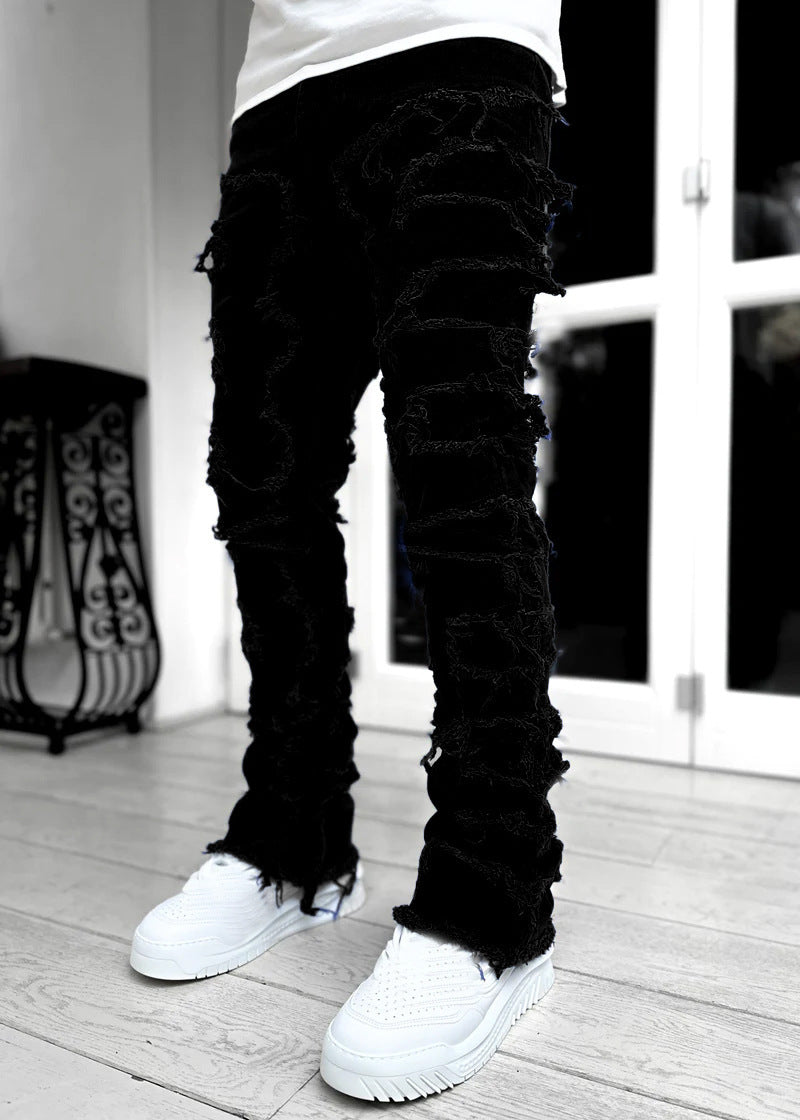 Men’s Patched Stacked Jeans – Long Tight-Fit Fashion Trousers for Trendy Streetwear Style LONDYN UPBRINGING