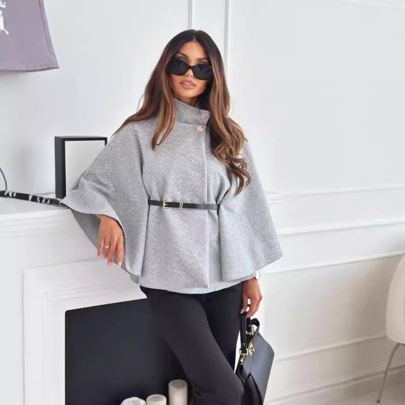 Women's Wool-Blend Cape Coat: Stand Collar Batwing Sleeves & Belted Temperament Jacket LONDYN UPBRINGING