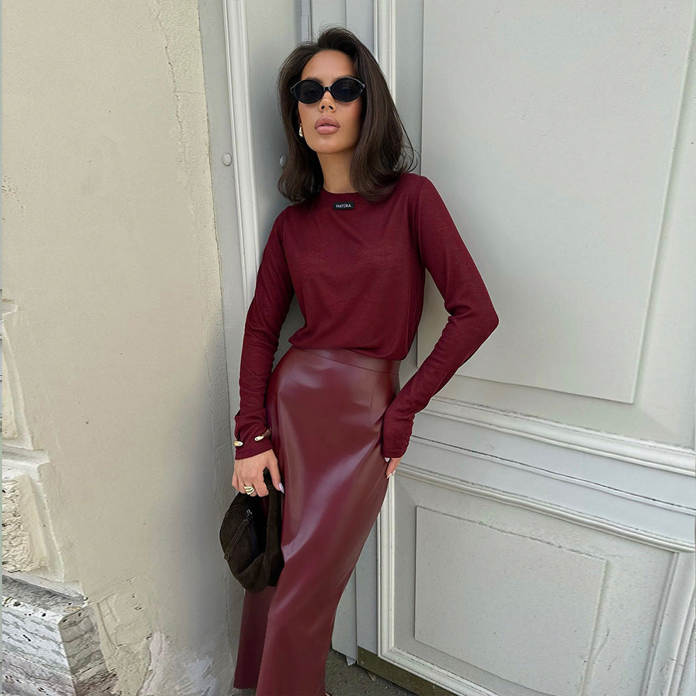Ankela Red High-Slit Sheath Skirt - Slim Fit, Midi Length, Stretchy Work & Party Wear LONDYN UPBRINGING
