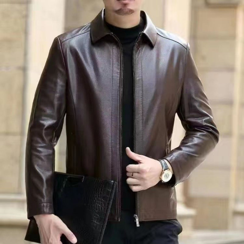 Men’s Leather Jacket – Fleece-Lined Stand Collar Coat for Middle-Aged Style & Winter Warmth LONDYN UPBRINGING
