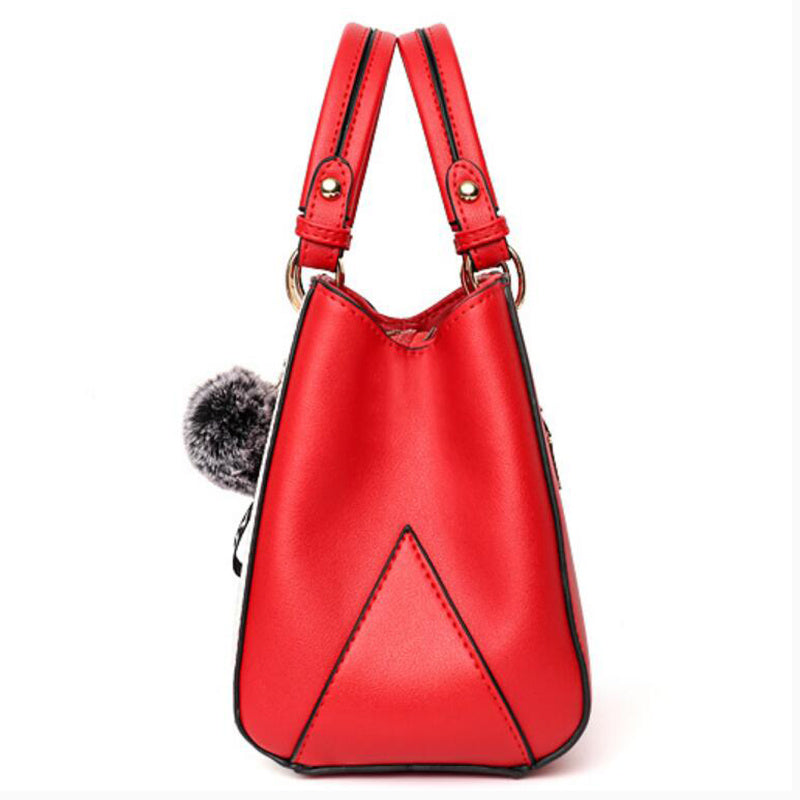Women’s Patchwork Handbag with Hairball Ornament – Elegant Tote & Crossbody Shoulder Bag for Parties LONDYN UPBRINGING