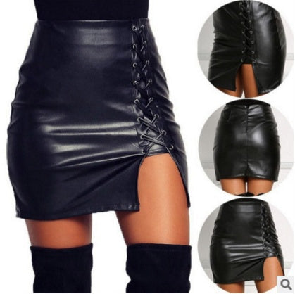 Women's Black PU Leather Mini Skirt - Lace Up Detail LONDYN UPBRINGING
