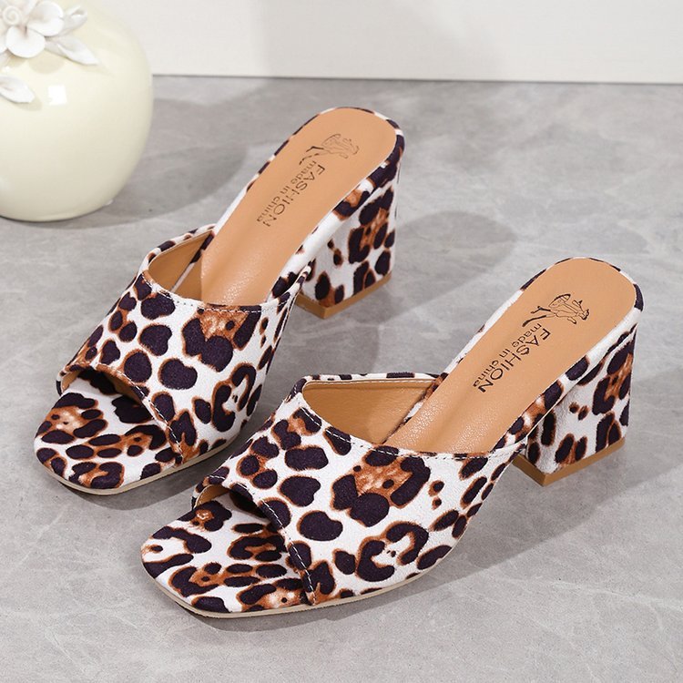 Leopard Chunky Heel Sandals | Women's Square Toe Slides LONDYN UPBRINGING