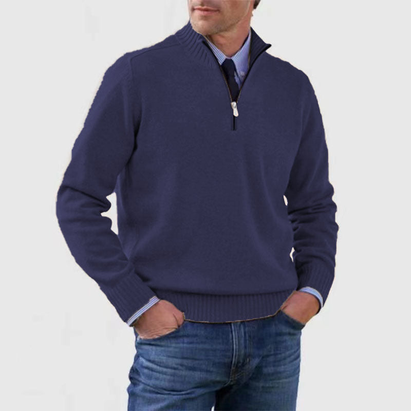 Classic Men's Knit Quarter-Zip Sweater - Solid Color Long Sleeve Stand Collar Top for Winter LONDYN UPBRINGING