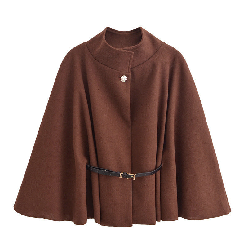 Women's Wool-Blend Cape Coat: Stand Collar Batwing Sleeves & Belted Temperament Jacket LONDYN UPBRINGING