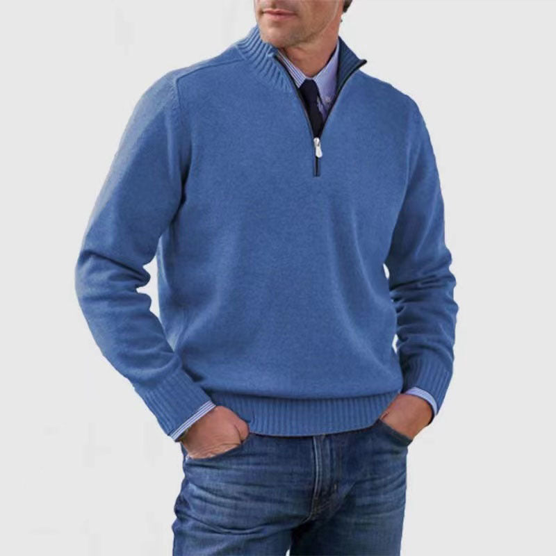 Classic Men's Knit Quarter-Zip Sweater - Solid Color Long Sleeve Stand Collar Top for Winter LONDYN UPBRINGING