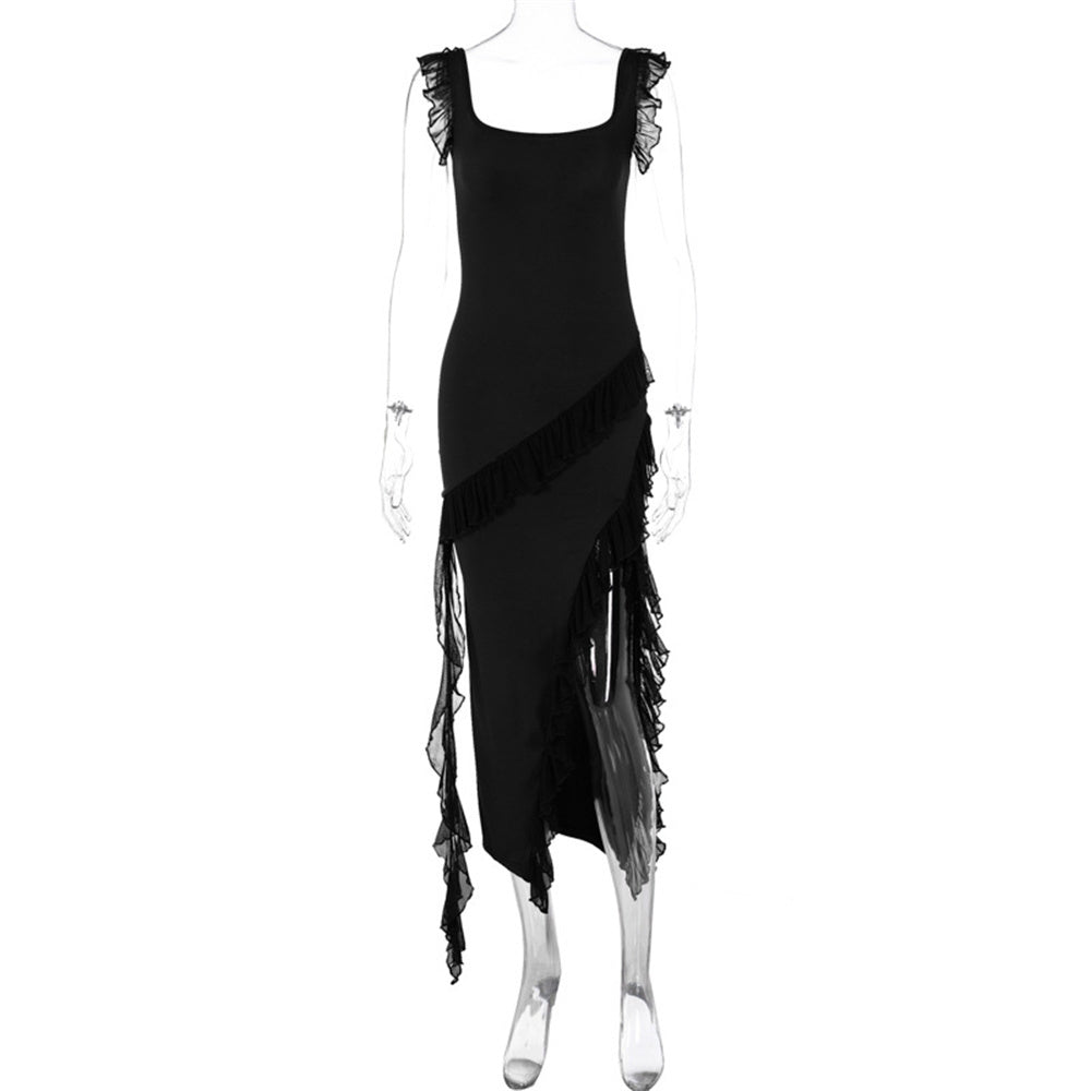 Elegant Ruffle Thigh-High Split Dress for Women | Sexy Spaghetti Strap Backless Evening Gown LONDYN UPBRINGING