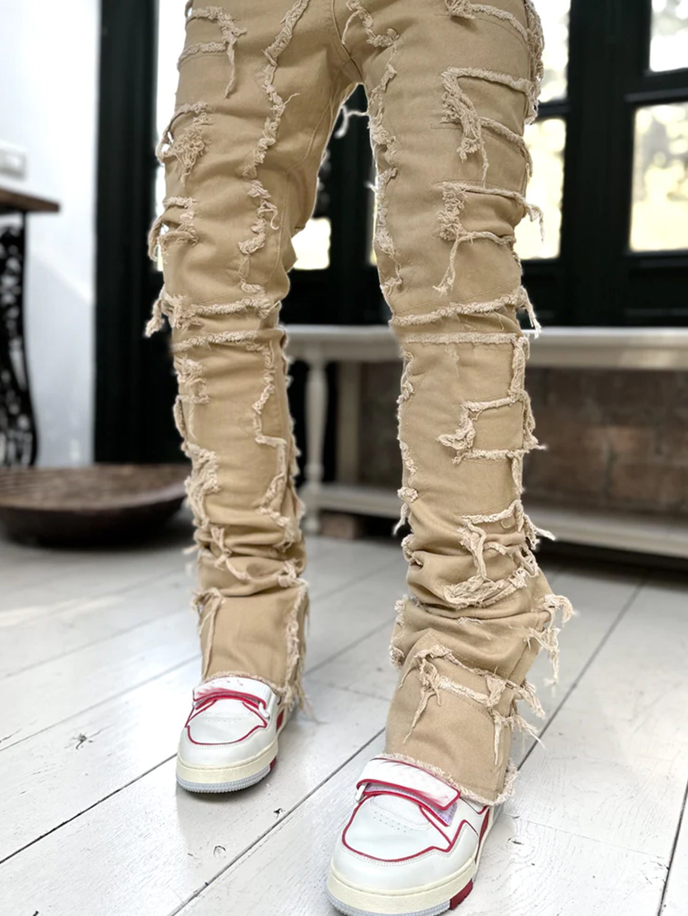 Men’s Patched Stacked Jeans – Long Tight-Fit Fashion Trousers for Trendy Streetwear Style LONDYN UPBRINGING