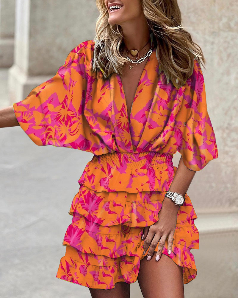 Elegant V-Neck High-Low Dress for Women | Short Sleeve Asymmetrical Hem Midi LONDYN UPBRINGING