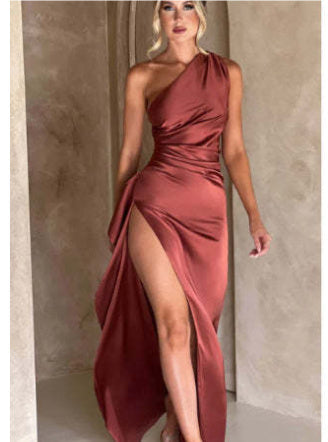 Elegant One-Shoulder Satin Slit Dress for Women | Sexy Backless Summer Slim-Fit LONDYN UPBRINGING