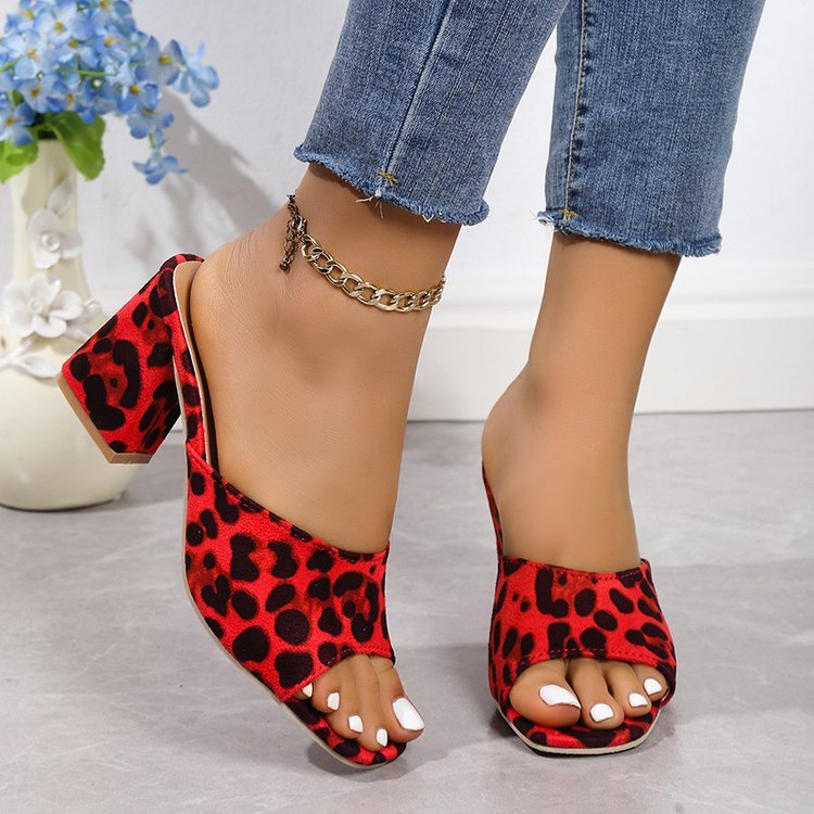 Leopard Chunky Heel Sandals | Women's Square Toe Slides LONDYN UPBRINGING