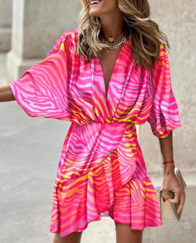 Elegant V-Neck High-Low Dress for Women | Short Sleeve Asymmetrical Hem Midi LONDYN UPBRINGING
