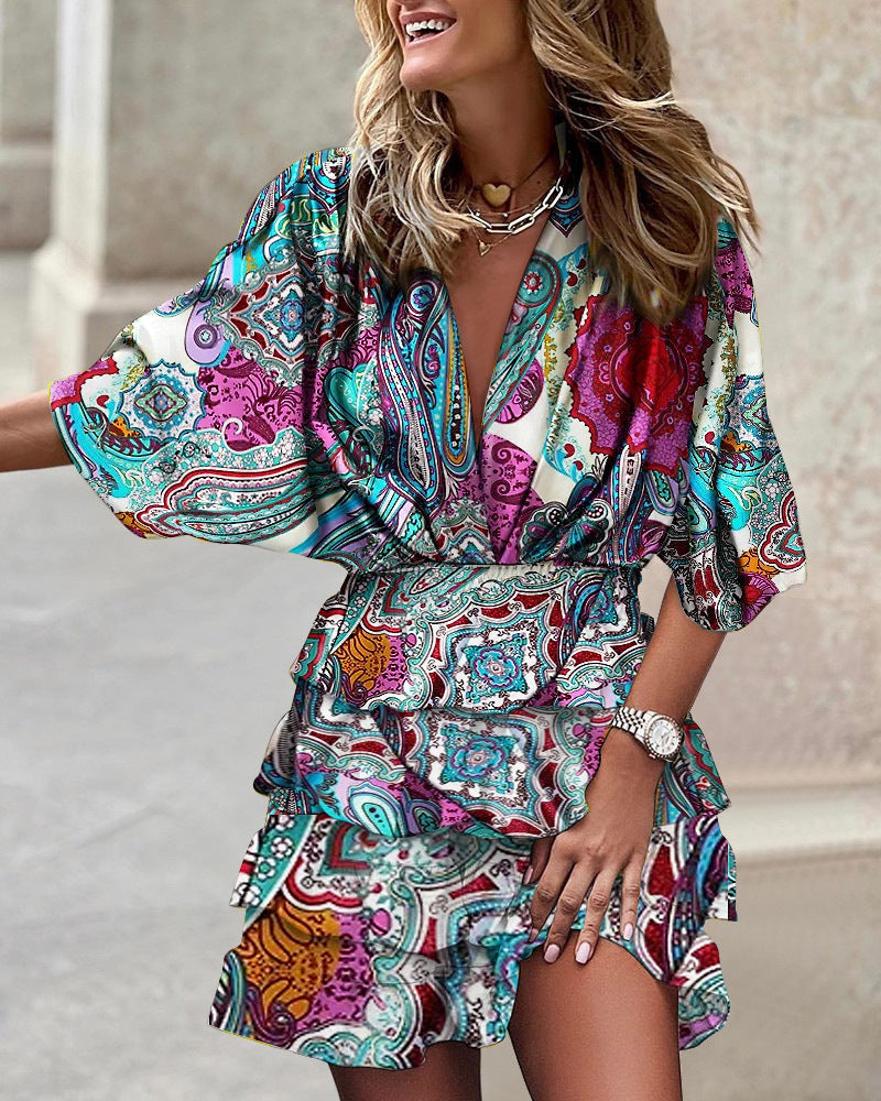 Elegant V-Neck High-Low Dress for Women | Short Sleeve Asymmetrical Hem Midi LONDYN UPBRINGING