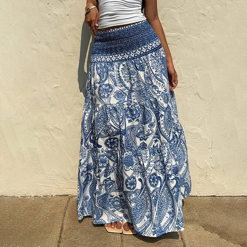 Boho Floral Print Maxi Skirt for Women: Elastic Waist A-Line Long Summer Beach Skirt LONDYN UPBRINGING