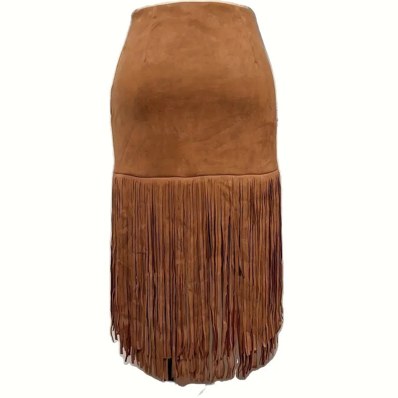 Women's Boho Fringe Midi Skirt | Western Style Asymmetrical Hem Denim-Look Skirt LONDYN UPBRINGING