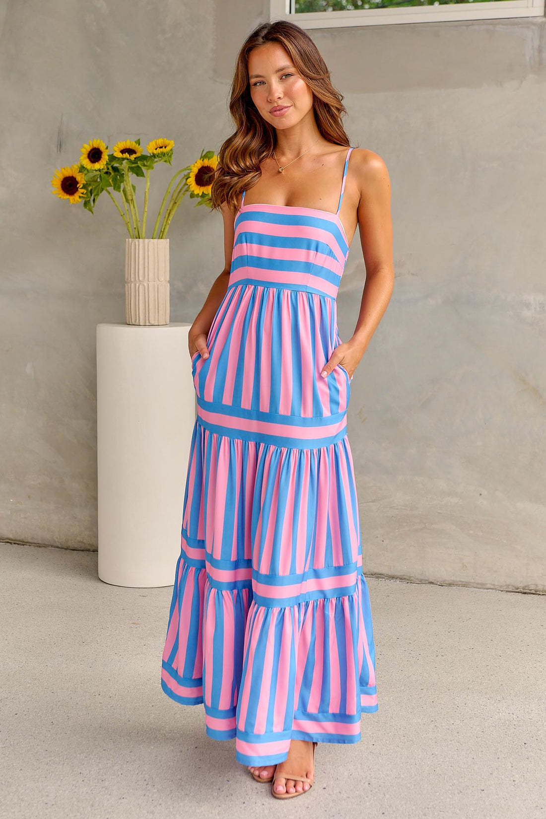 Striped Maxi Beach Dress - Square Neck Backless Suspender Dress w/ Pockets LONDYN UPBRINGING