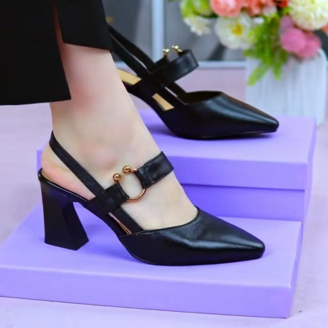 Women's Leather Slingback Closed Toe High Heels: Chunky Block Heel Dress Pumps LONDYN UPBRINGING
