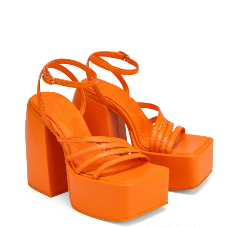 Women's Square Toe Platform Chunky Sandals: Solid Color One-Band Block Heels LONDYN UPBRINGING