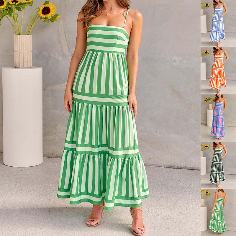 Striped Maxi Beach Dress - Square Neck Backless Suspender Dress w/ Pockets LONDYN UPBRINGING