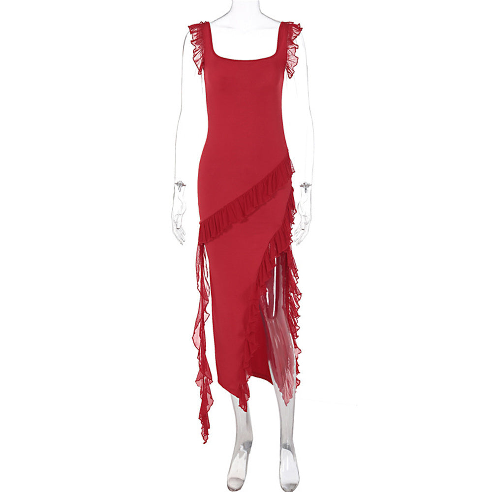 Elegant Ruffle Thigh-High Split Dress for Women | Sexy Spaghetti Strap Backless Evening Gown LONDYN UPBRINGING